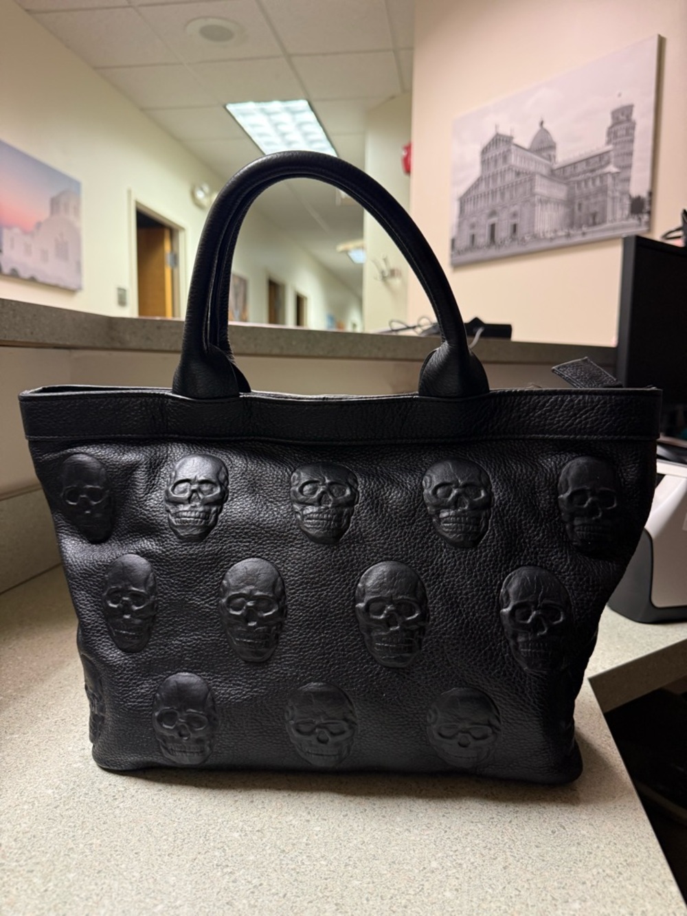 IO Pelle Italia Black Leather Tote with 3D Embossed Skulls